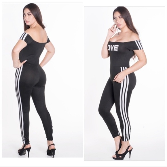 Off the shoulder black bodycon striped jumpsuit - Picture 3 of 9